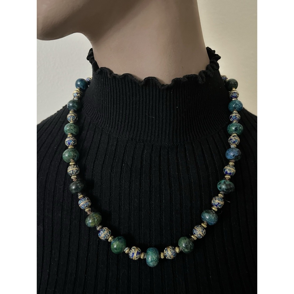 Vtg Chinese Cloisonne Necklace 24" Blue Green Chrysocolla Enamel Maximalist 70s